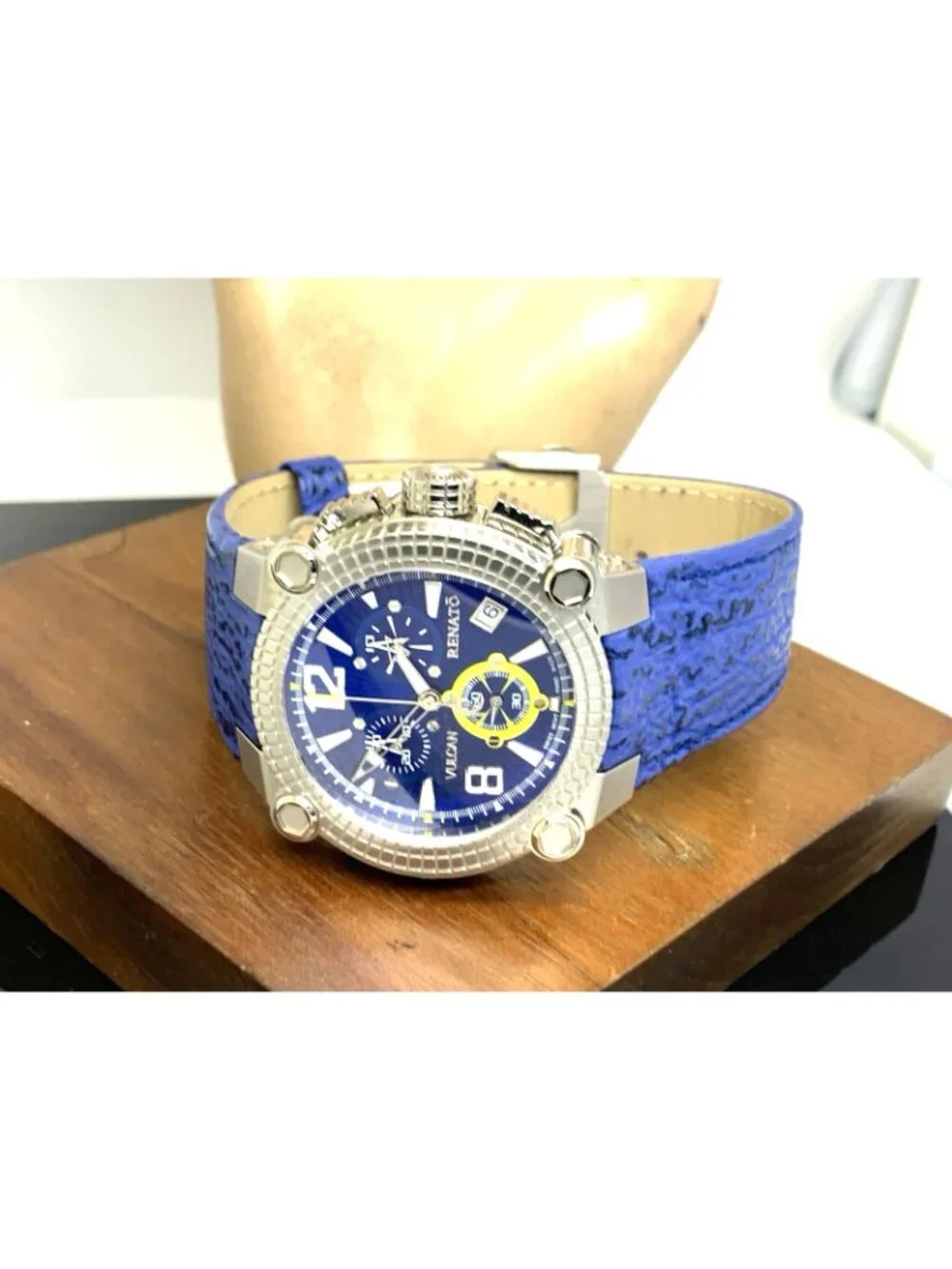 Renato Vulcan Men's Watch Swiss Quartz Chronograph Blue Dial Leather Strap 46mm
